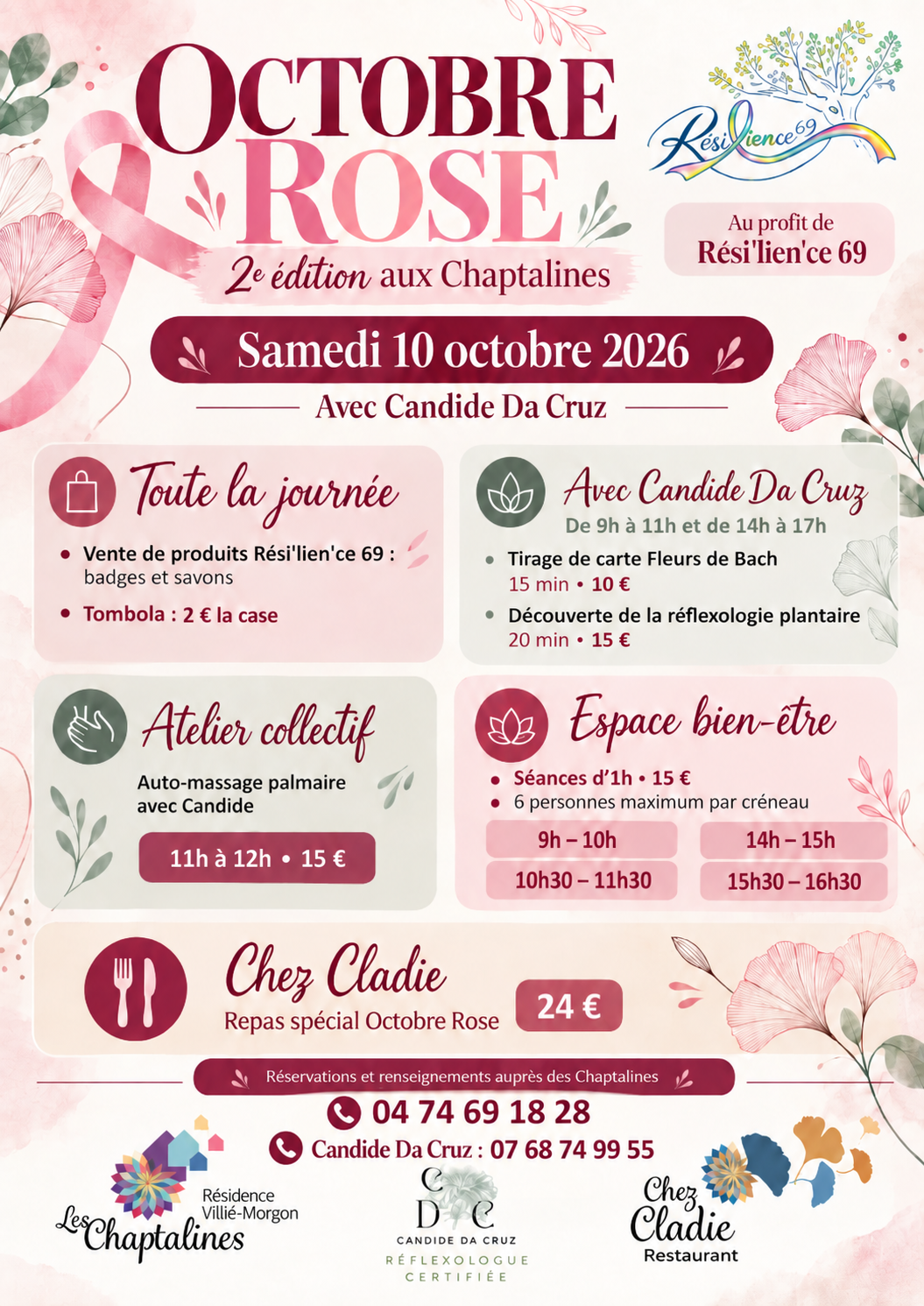 Programme Octobre rose aux Chaptalines, samedi 10 octobre 2026 : activités, bien-être et repas solidaire.