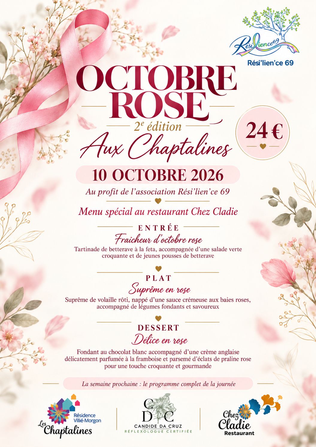 Menu spécial Octobre rose Chez Cladie, le 10 octobre 2026 à 24 euros, au profit de Rési’lien’ce 69