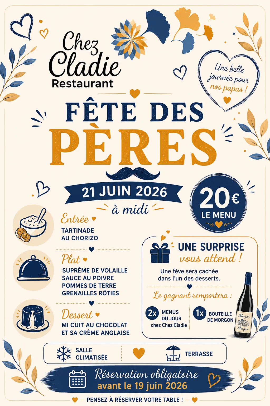 Affiche Fête des pères Chez Cladie le 21 juin 2026 avec menu à 20 euros