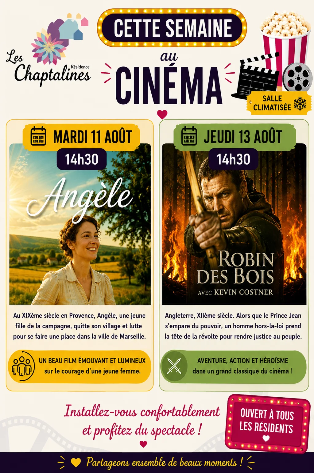 Affiche du programme cinéma des Chaptalines du 10 au 16 août avec Angèle et Robin des Bois