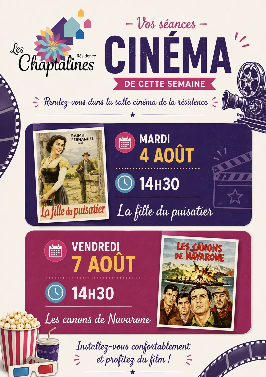 Affiche du programme cinéma des Chaptalines du 3 au 9 août avec La fille du puisatier et Les canons de Navarone