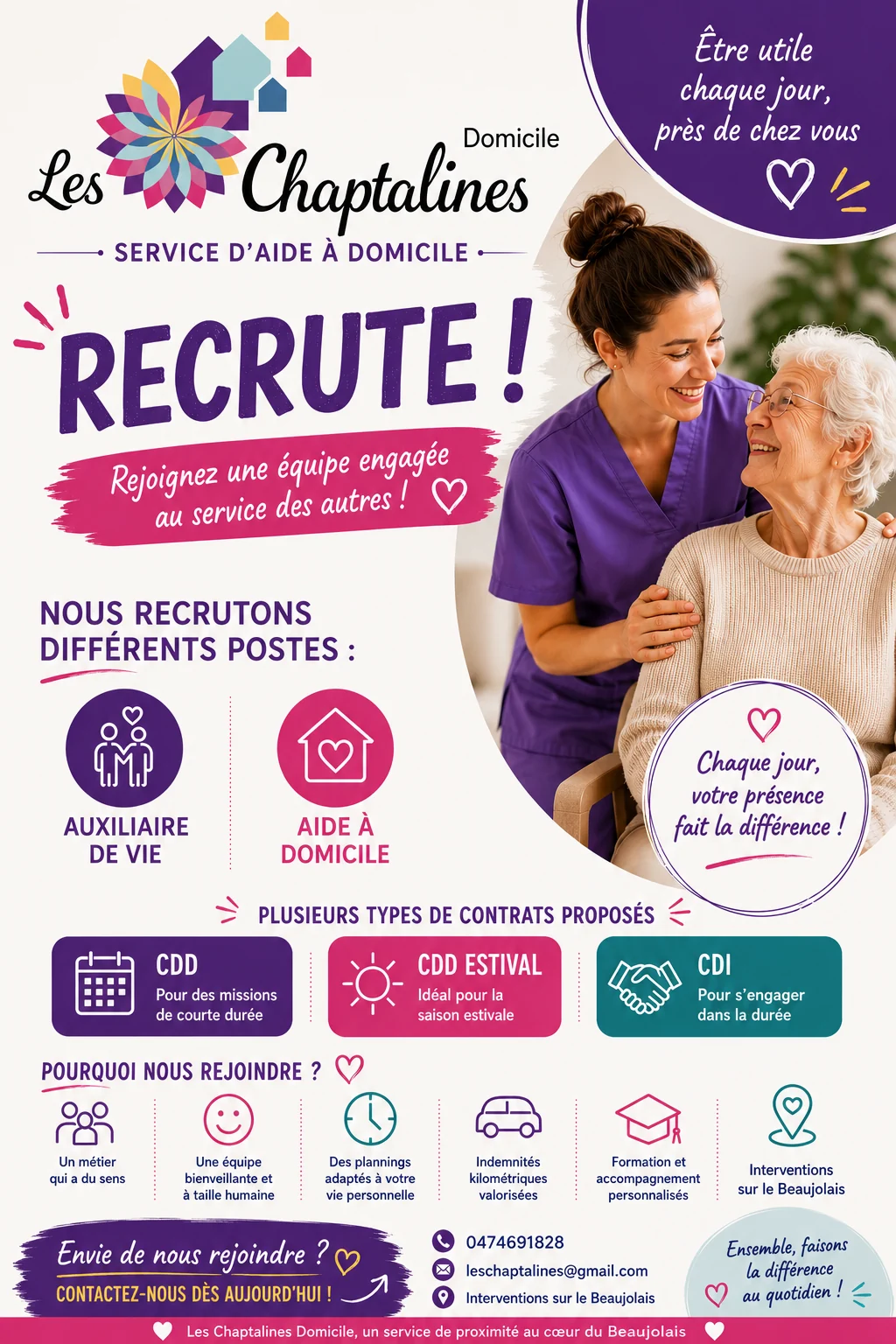 Affiche de recrutement Les Chaptalines Domicile pour auxiliaire de vie et aide à domicile