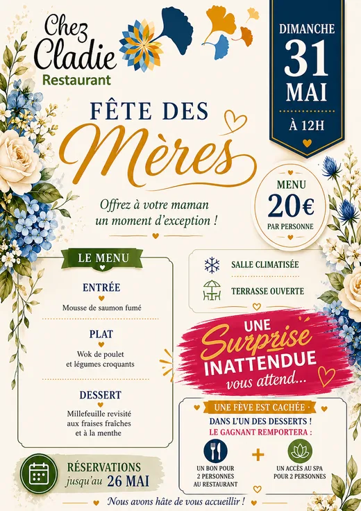 Affiche Fête des mères Chez Cladie avec menu spécial et réservation