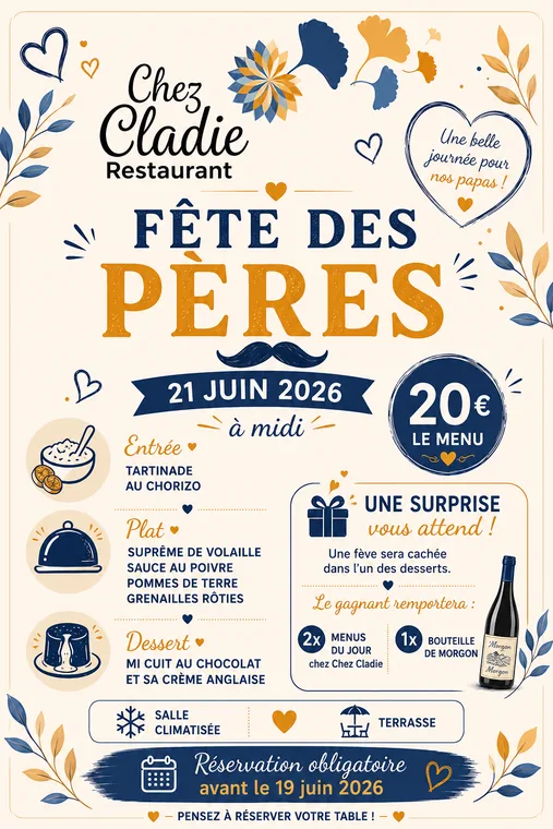 Affiche Fête des pères Chez Cladie le 21 juin 2026 avec menu à 20 euros