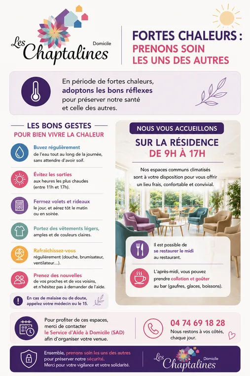 Affiche de prévention fortes chaleurs Les Chaptalines Domicile