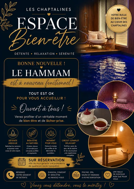 Affiche de l’espace bien-être des Chaptalines annonçant le hammam à nouveau fonctionnel