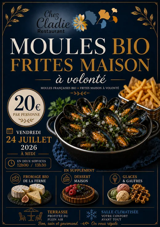 Affiche moules bio frites maison à volonté Chez Cladie le 24 juillet 2026