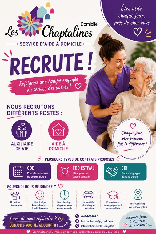 Affiche de recrutement Les Chaptalines Domicile pour auxiliaire de vie et aide à domicile