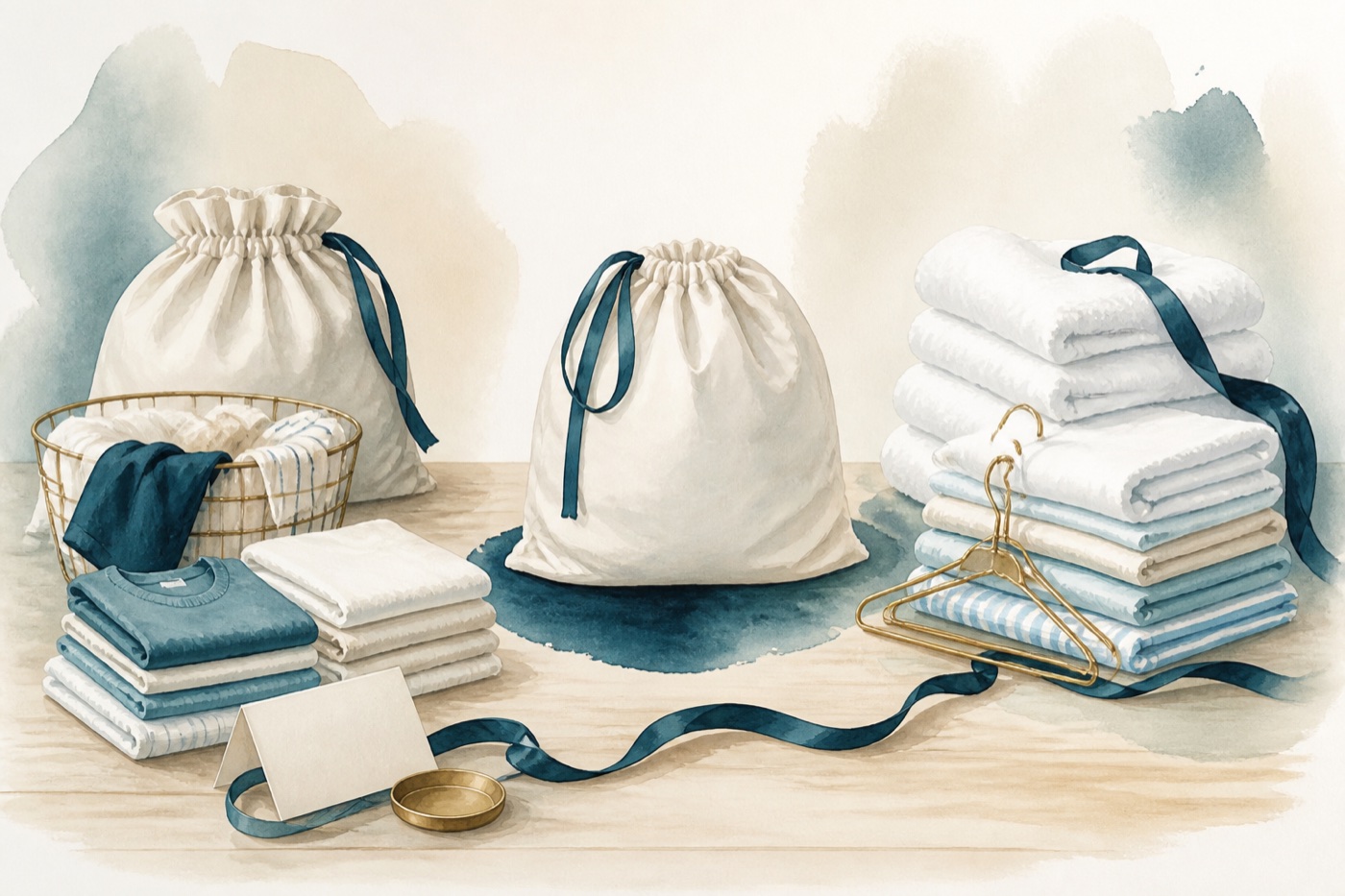 Illustration d’un sac à linge, de linge trié et de linge propre restitué