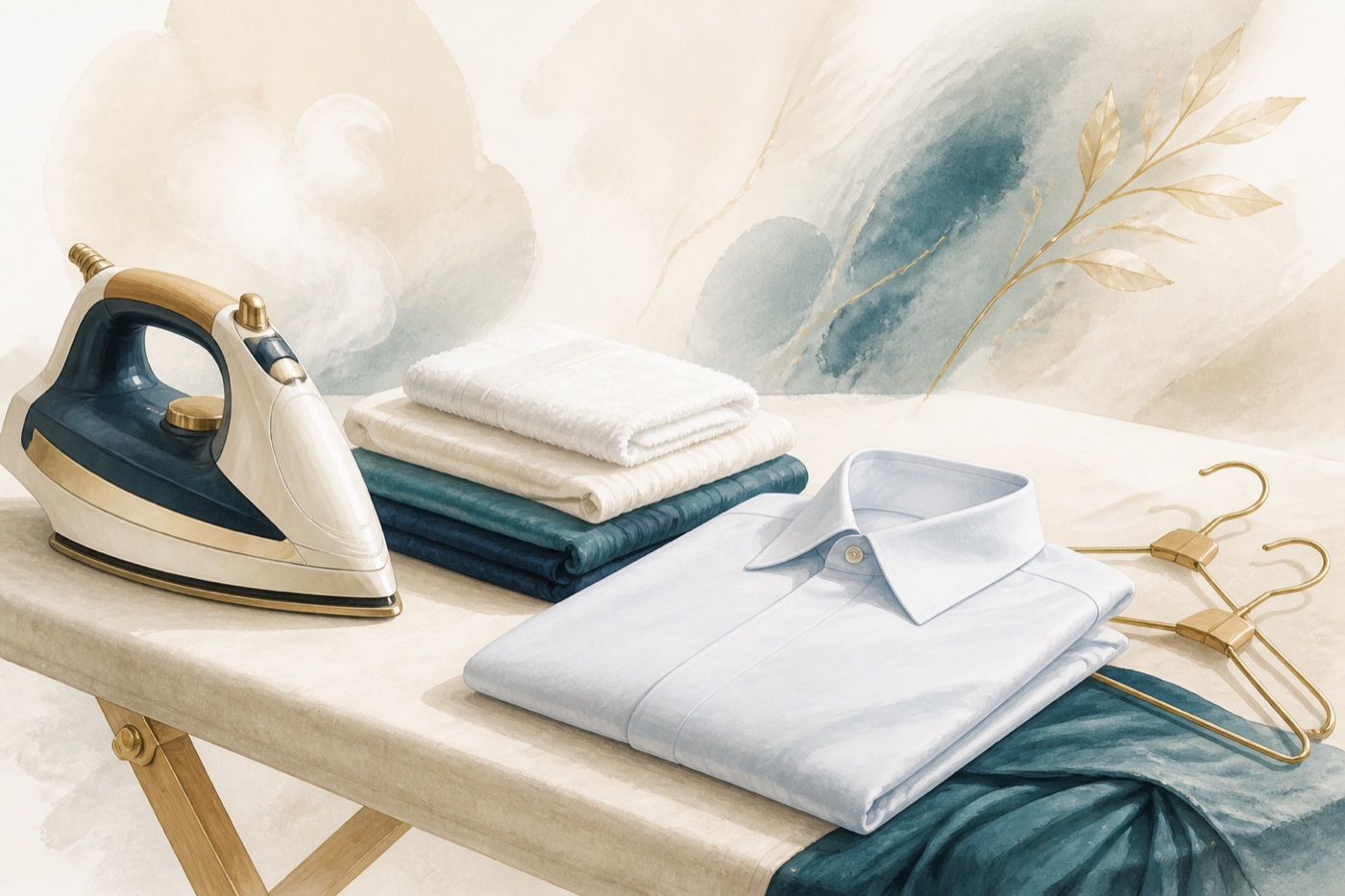 Illustration d’un fer à repasser, d’une chemise et de linge plié