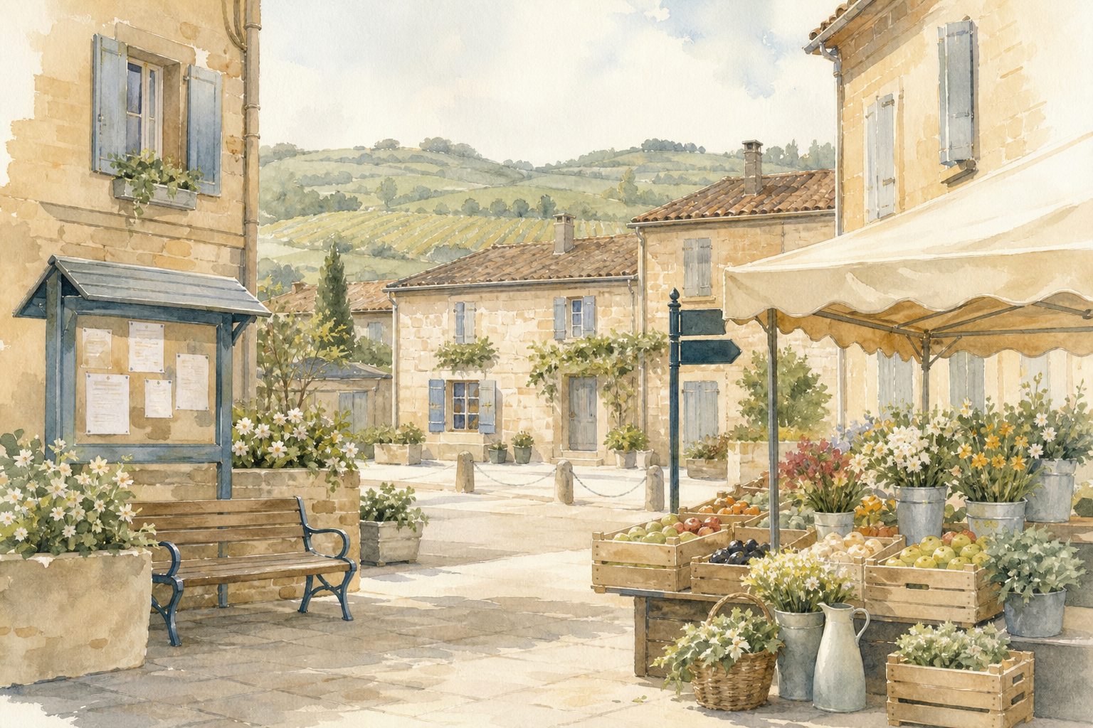 Illustration de la vie locale et du marché dans le Beaujolais